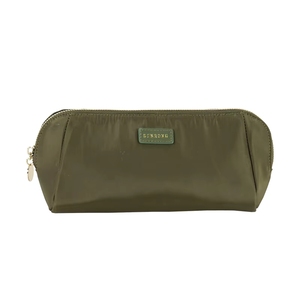 Petite trousse de maquillage écologique personnalisée avec fermeture éclair dorée, sac cosmétique en nylon recyclé, style féminin, logo personnalisé vert olive - Product Image 3