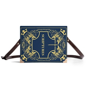 Navy Blue Gold Vintage Scripture Book Shaped PU Box Bible <strong>Bag</strong> <strong>Women</strong> Ornate Crown Floral Sword Print <strong>Shoulder</strong> Purse Custom - Product Image 1