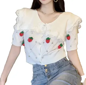 Cute strawberry lace trim Girl's knitwear short sleeve shirt for women