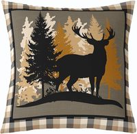 Housse de coussin décorative à motif de cerf et d'ours rural, à carreaux marron style ferme, idéale pour la décoration intérieure