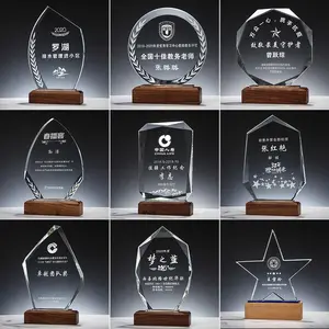 HDW Factory Wholesale Cheap K9 Blank Wood Crystal Trophy Award Custom Logo Wooden Base Crystal Trophy