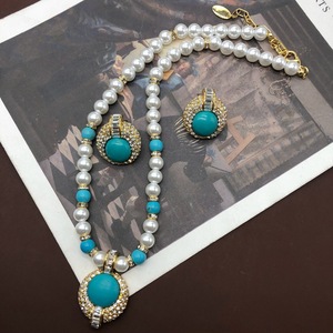 Ensemble de boucles d'oreilles et collier en or plaqué or chrétien, style bohème, incrusté de perles et de turquoise, pour femmes, livraison gratuite - Product Image 2