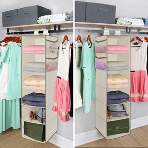 Organisateur de placard suspendu à 6 niveaux, étagère de rangement pliable avec poches en filet pour vêtements et accessoires de chambre à coucher, beige - Product Image 5