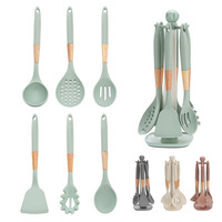 Ensemble de 7 ustensiles de cuisine en silicone écologiques, couleur vert matcha, support rotatif, manche en bois, résistant à la chaleur, passe au lave-vaisselle, spatule