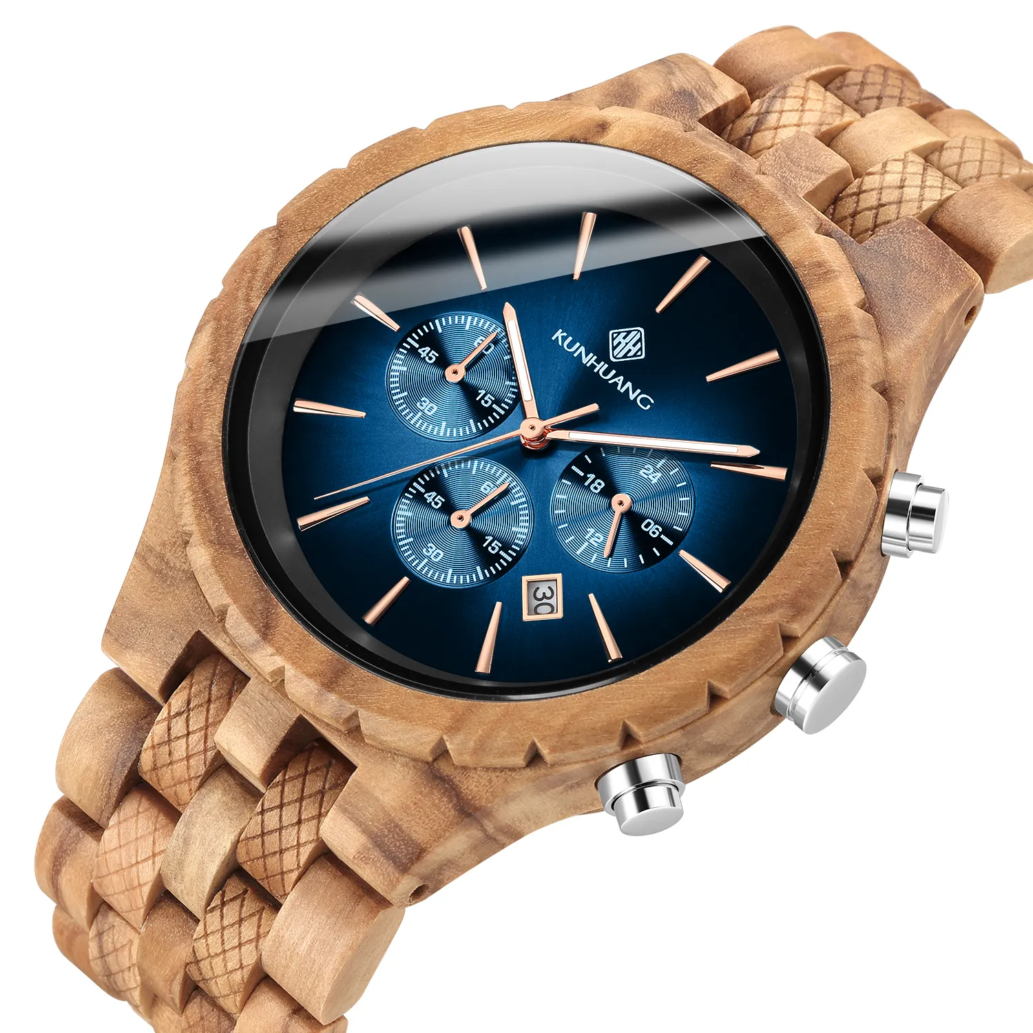 Kunhuangウッドウォッチマン多機能ファッション時計クロノグラフシンプルピュアウッドウォッチスポーツクォーツ腕時計