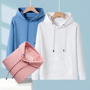Sweat-shirt à capuche unisexe, coupe classique, en coton tricoté, couleur unie, décontracté, pour l'automne, avec poche avant, bleu, blanc, rose, 2027 - Product Image 1