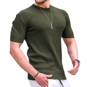 Heavyweight Jacquard Weave Check Block DYI Add Logo Brand Blank T Shirt Men Short Sleeves Casual Men's Clothing T-shirts Shirt f