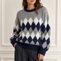 Pull personnalisé pour femme en tricot losanges gris, blanc, marine, mélangé, col rond, fabrication OEM ODM