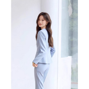 Light Blue Women's Suit Set Solid Color Polyester Worsted Casual Spring Autumn Winter Professional Host Art Exam - Product Image 3