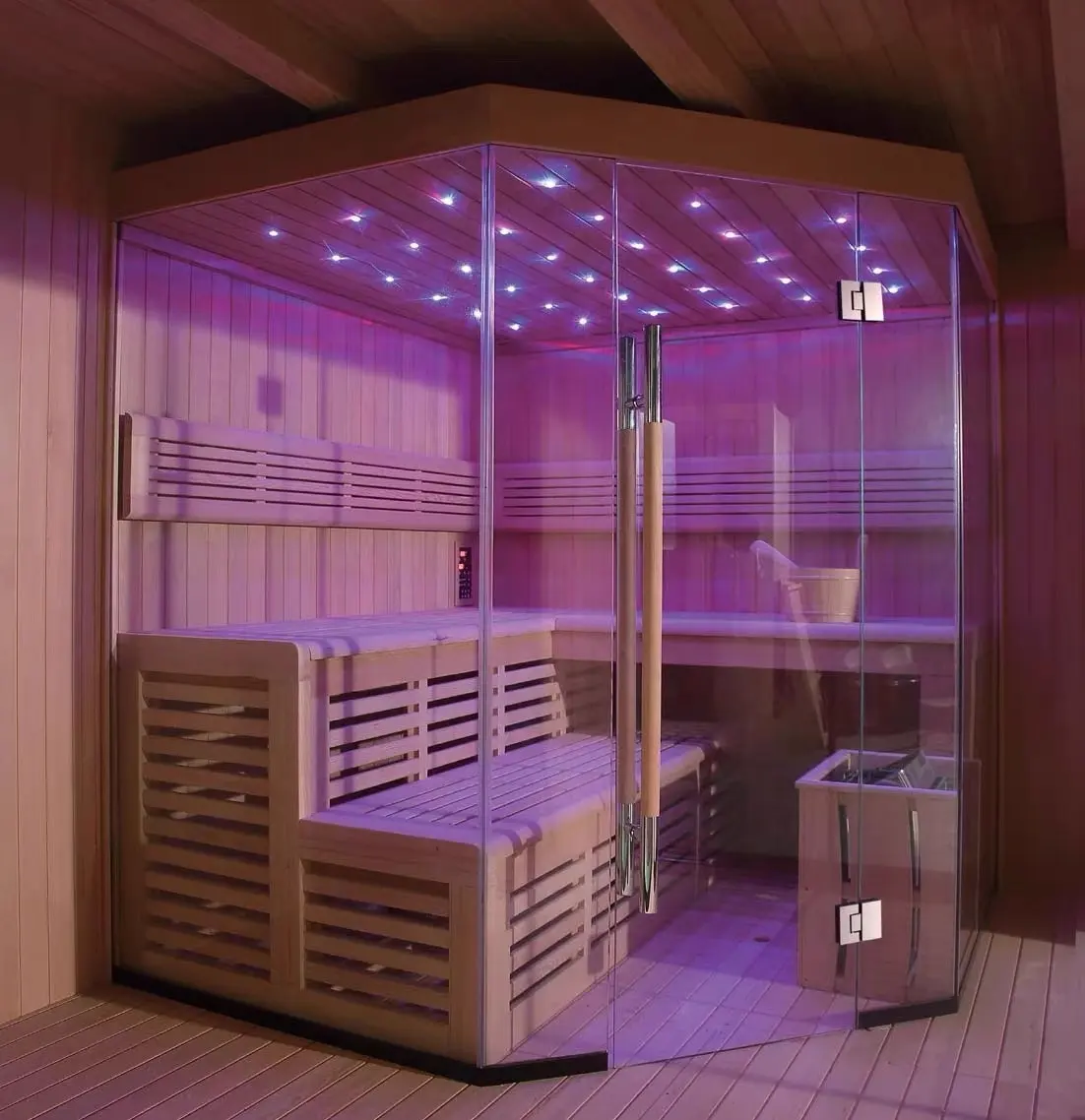 Pabrik Foshan ruang kompor tradisional dengan Hemlock kayu barel Infra merah panel pemanas kubus taman ruang Sauna