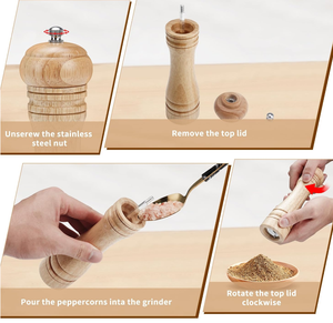 Moulin à poivre manuel en bois de caoutchouc avec rotor en céramique, réglable pour épices - Product Image 4
