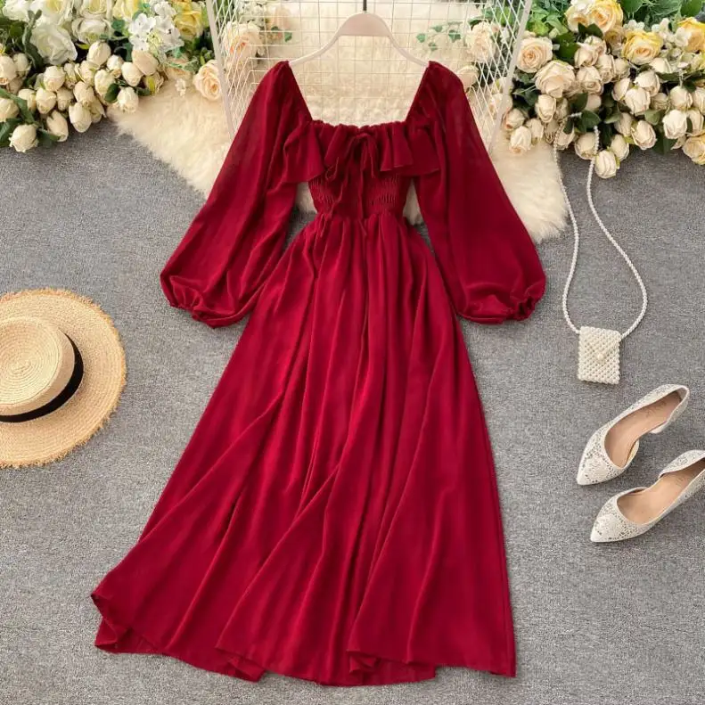 Vestido Mùa Thu Chic Dài Tay Áo Giản Dị Dresses Phụ Nữ Phụ Nữ Thanh Lịch Pháp Retro Cổ Vuông Puff Tay Áo Voan Dài Ăn Mặc