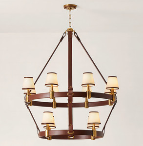 Cercle Anneau <span class=keywords><strong>Riley</strong></span> Grand Lustre En Laiton Massif À 2 Niveaux Avec Garniture En Cuir De Luxe LED Pendentif Lumière Antique Luminaire - Product Image 1