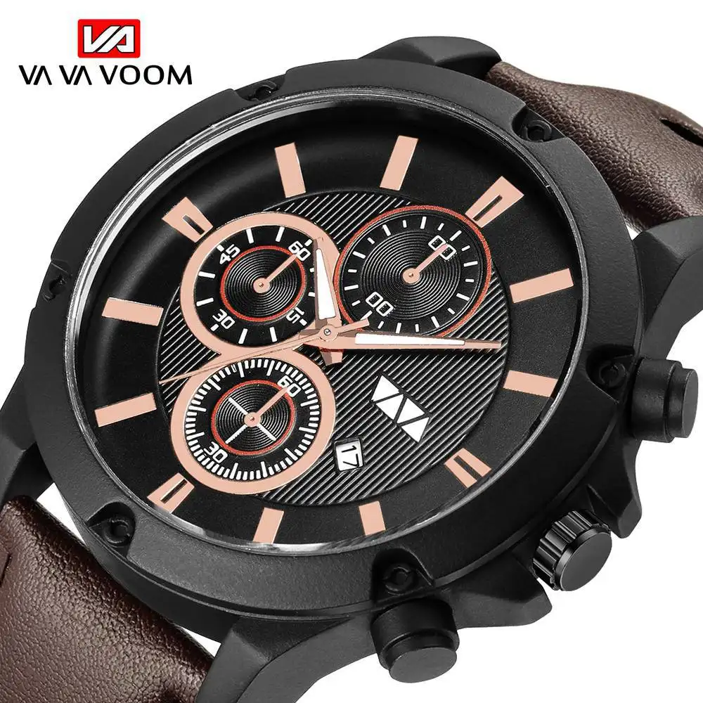 Rose Gold Brown Leather Sport Casual Men Wristwatches Fashion Calendar Casual Relogios Masculinos De Luxo Wrist Watch For Men