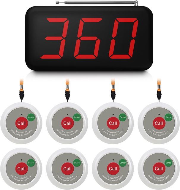 Wireless Nurse Call System F360 CE RoHS Certified 150m Range 8 Waterproof Alert Buttons 1 Display Receiver for Hospital Nursing