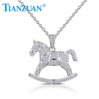 Collier pendentif cheval à bascule en argent sterling S925 entièrement pavé de moissanite, mignon collier animal cheval de Troie, cadeau bijoux pour femme