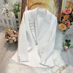 Blazer branco frisado para mulheres, casaco manga longa feminino traje de negócios primavera verão 2022