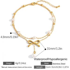 Nouvelle collection de bijoux d'été : Bracelet de cheville double couche en acier inoxydable plaqué or PVD, avec breloque perle délicate et nœud, étanche, vente en gros - Product Image 6