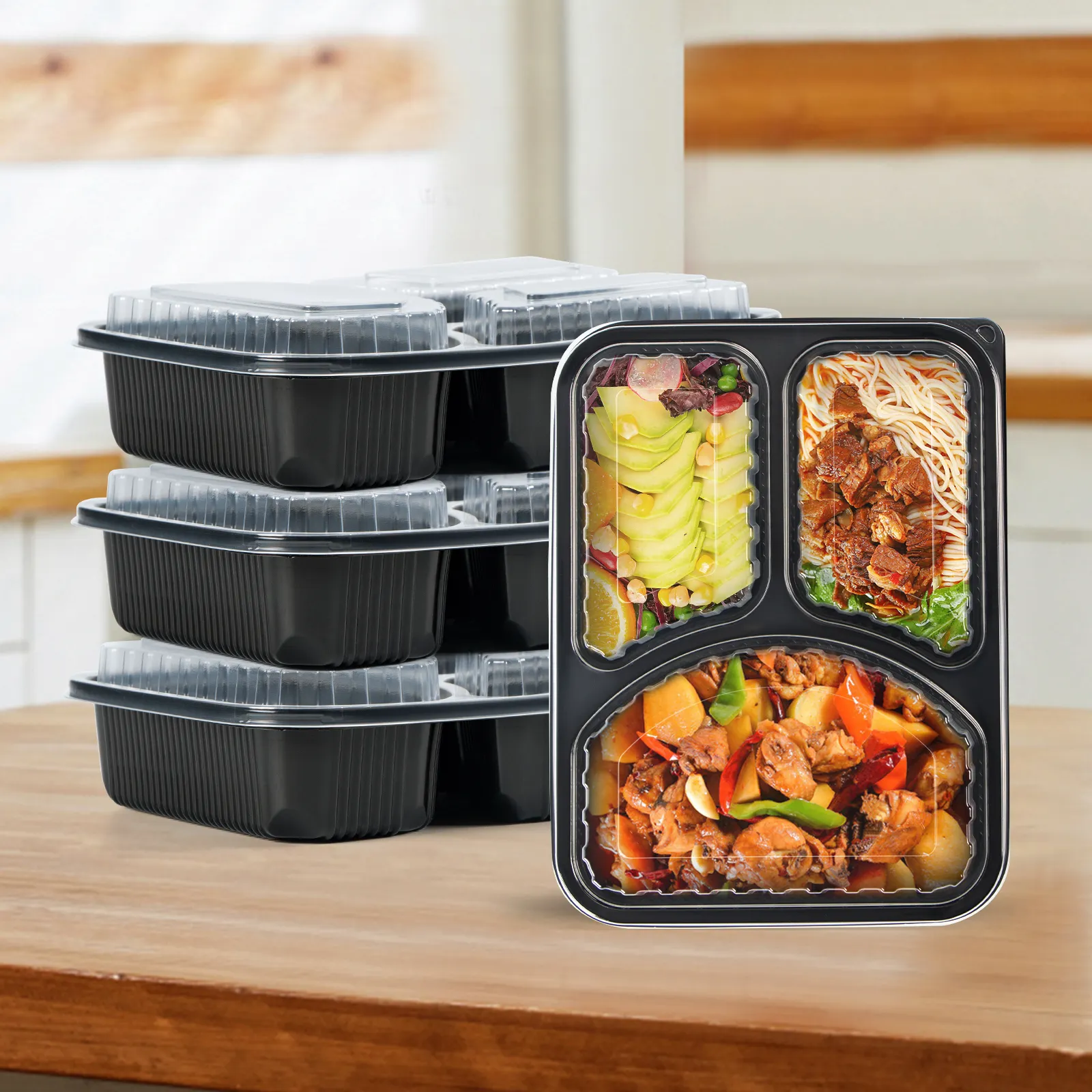 بسعر الجملة خالية من بيسفينول أ علبة طعام بلاستيكية سوداء آمنة للميكروويف مزودة بثلاثة أقسام