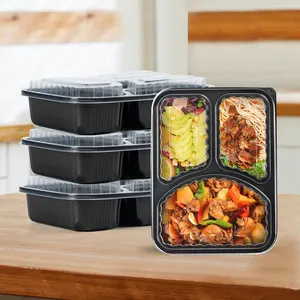 Groothandel Bpa Gratis Magnetron Veilig Zwart Plastic Container Voor Voedsel 3 Compartiment Bento Box
