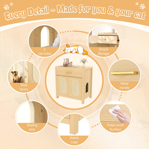 Mueble oculto de madera para caja de arena de gatos con puertas rascadoras y cajón de almacenamiento para uso en el baño de los gatos. - Product Image 4