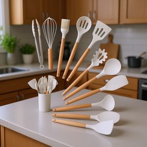 Ensemble d'ustensiles de cuisine en silicone Myrva de 12 pièces avec manches en bois, résistant à la chaleur, sans BPA, lavable au lave-vaisselle, ustensiles de cuisine de qualité alimentaire - Product Image 2