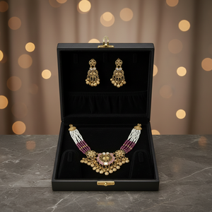 Ensemble collier et boucles d'oreilles en argent et or finition antique avec perles de rubis, bijoux ethniques de mariage pour femmes - Product Image 4