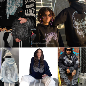 Sudadera con capucha de algodón y forro polar con cremallera, estilo streetwear, con parche de logotipo personalizado, bordado de pedrería de lujo y estampado, de corte oversize. - Product Image 3