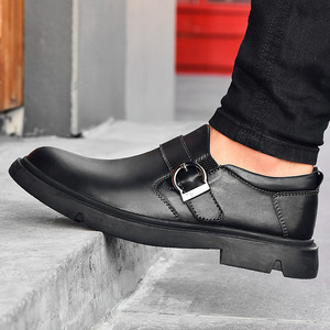 Chaussures habillées rétro en cuir pour hommes, printemps-automne, bout rond, boucle, en cuir de vachette, grande taille 46, cousues, chaussures de ville de luxe léger - Product Image 4