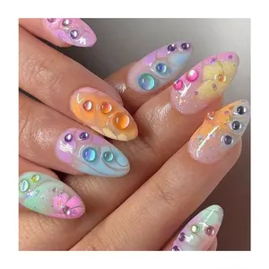 Hot Sale Colorful 3D Rhinestone Fake Nails Brand Handmade Acrylic Durable False Nails Daily Wearable Press On Short Nails