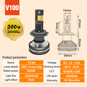 Bombillas LED AKE V100 200W Súper Brillantes para Faros Delanteros de Motocicleta H11 H7 Hb3 9005 9006 Hb4, Bombilla LED H4 de 20000 Lúmenes para Faros Delanteros de Automóvil - Product Image 2