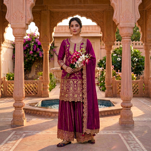 Ensemble prêt-à-porter pour femme en soie Chinnon brodée, comprenant un haut à manches longues, un pantalon Sharara Palazzo et une dupatta assortie, entièrement cousu. - Product Image 1