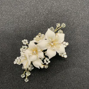 ROMANTIC Elegant White Clay Floral crystal wedding hairpiece rhinestone bridal hair clip