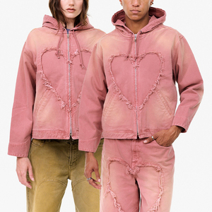 Chaqueta con capucha vintage lavada con parches de corazón personalizados para hombre, abrigo exterior con cremallera y diseño de corazón deshilachado, venta al por mayor de fábrica - Product Image 1