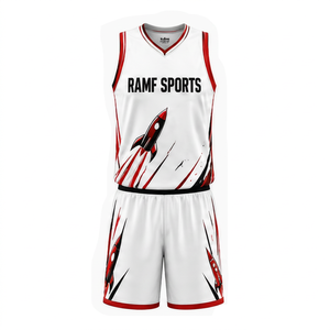 Conjunto de Uniforme de Baloncesto Personalizado Ramf Sports, Blanco, Rojo y Negro, Sublimado, Cuello en V, Sin Mangas, Unisex, Corte Atlético para Adultos - Product Image 1