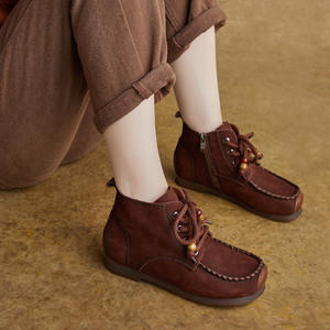 รองเท้าบูทส้นเตี้ยแบบมีซิปด้านข้าง พื้นนุ่ม หนังแท้ หัวมน ร้อยเชือก  สำหรับฤดูใบไม้ร่วงและฤดูหนาว รุ่นใหม่ รองเท้าบูทหุ้มข้อสูง - Product Image 4