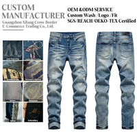 Jeans slim pour homme, brodés, déchirés, vintage, délavés, denim délavé, streetwear, décontracté, hip hop, pantalon skinny d'hiver