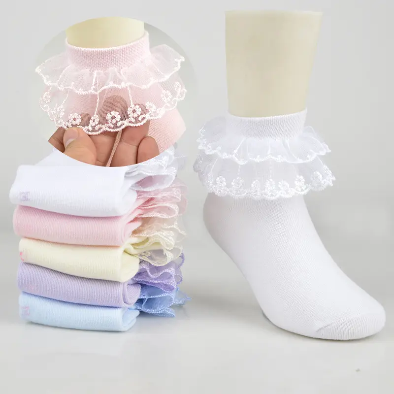Grosir kaus kaki ankle renda ganda gadis remaja gaun Princess berenda kaus kaki katun rumbai potongan kaus kaki untuk anak-anak