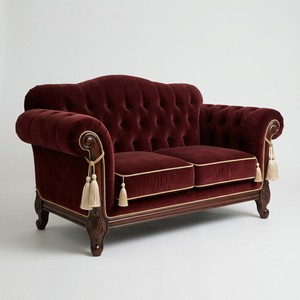 Canapé en velours traditionnel avec pompons dorés et bordure en corde pour la décoration du salon - Product Image 1