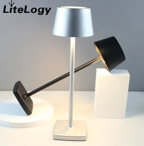 Metallic Cordless Dinner Table Lamp Hotel Cordless Rechargeable Table LED Touch Light Lamps with shade