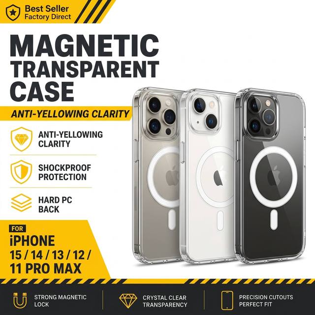 Factory Custom Magnetic Transparent Anti Yellowing Case for iPhone 15 14 13 12 11 Pro Max Slim Shockproof Hard PC Back Cover OEM