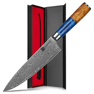 Gran oferta, juego de cuchillos damast de cocina personalizados, mango de resina azul, cuchillo de chef Damasco VG10