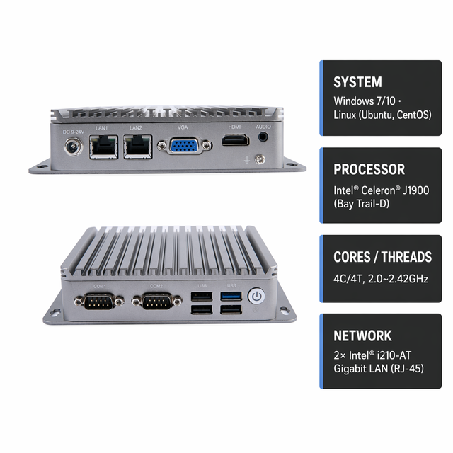 Fanless Industrial PC Intel Celeron J1900 Quad Core Dual LAN RS232 COM Mini Computer Win10 Linux CE