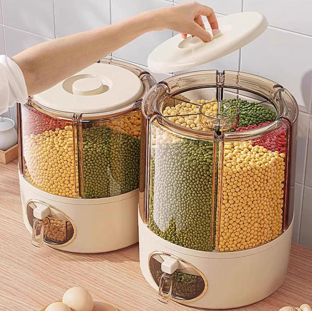360 Degree Rotating Rice Dispenser Sealed Dry Cereal Grain Bucket Dispenser Moisture-proof Kitchen Food Container Storage Box