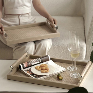 Modern Luxury Rectangular Breakfast <strong>Tray</strong> Sustainable Beige Woven Leather Home <strong>Decor</strong> <strong>for</strong> Office Supply <strong>Decor</strong> - Product Image 1