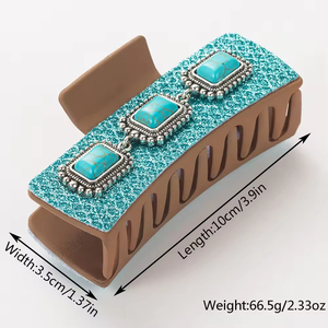 Vintage Women's Hair Claws <b>Clip</b> 10cm Turquoise Shark Crystal Alloy Charm Western Style Retro PU Leather with Plastic <b>Clips</b> - Product Image 2