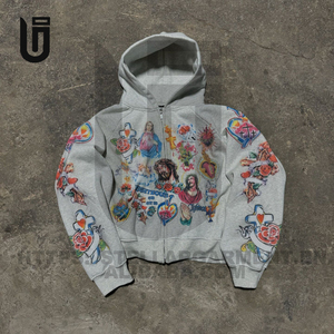 Felpa tascabile senza corde personalizzata spugna grafica Dtg serigrafia pesante 400gsm con cappuccio da uomo - Product Image 2