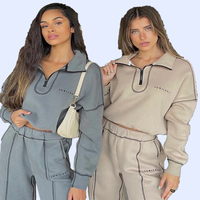 Vente en gros de fabricants de sweats à capuche personnalisés pour femmes 100% coton imprimé ensemble de pantalons de survêtement haut court vêtements 2 pièces ensemble de sweats à capuche avec fermeture éclair