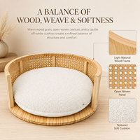 Lit rond pour animaux de compagnie sur mesure OEM avec cadre en bambou naturel, base en bois, coussin en polaire, approvisionnement en gros, produits pour chats d'intérieur