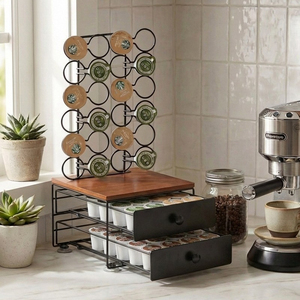 ที่เก็บแคปซูลกาแฟแบบมีลิ้นชัก 2 ชั้น สำหรับ <span class=keywords><strong>Nespresso</strong></span>  ความจุ 56 แคปซูล  พร้อมท็อปไม้สไตล์ Rustic และชั้นวางโลหะ - Product Image 1